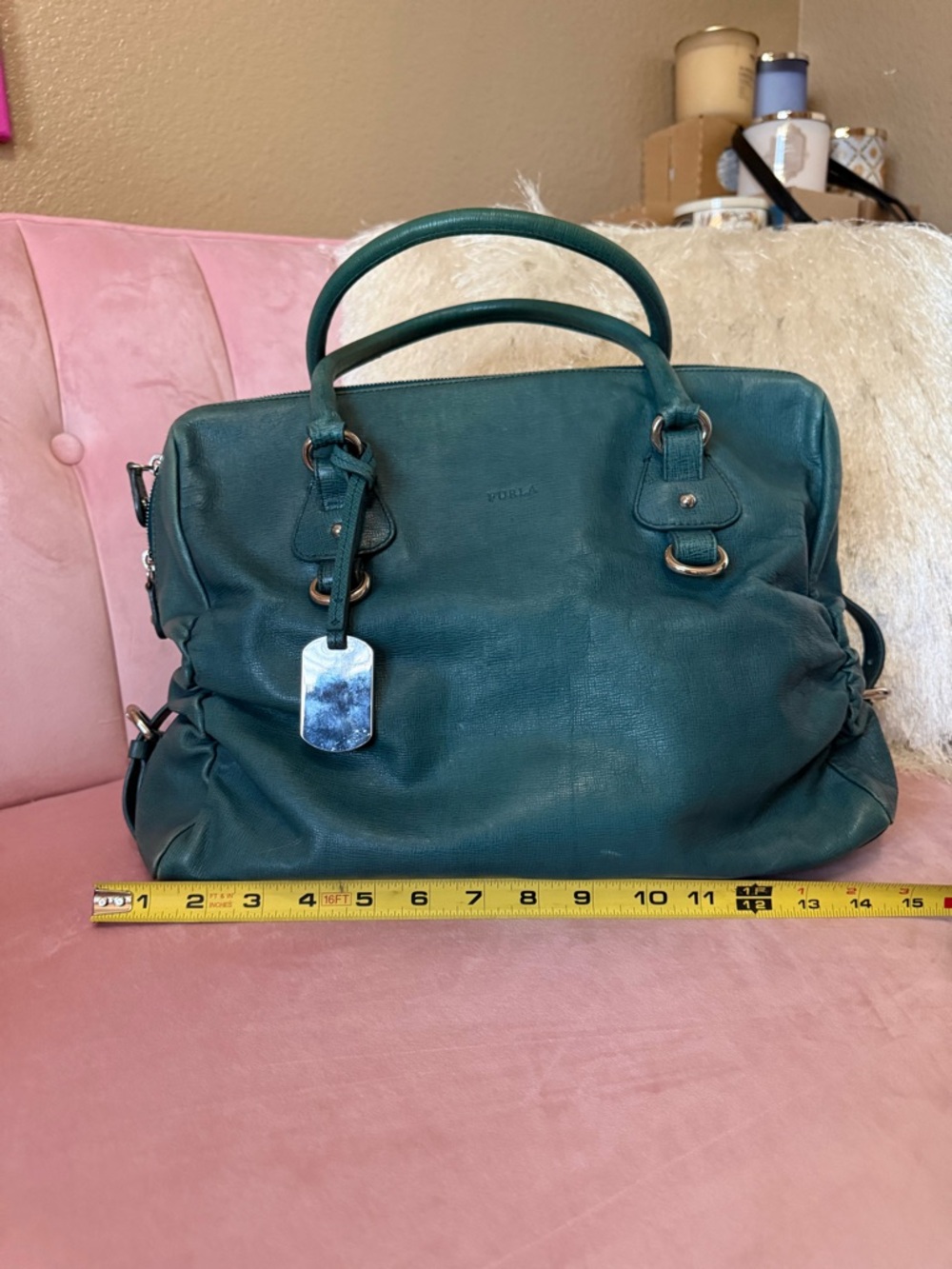Authentic FURLA Teal Green Leather Satchel Shoulder Bag w Silver Hardware - Picture 7 of 16